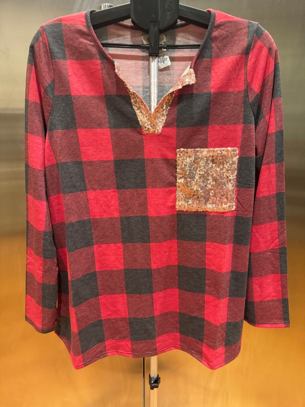 Women’s Red & Black Buffalo Plaid Sequin Pocket Top